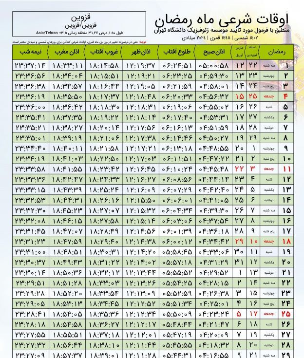 اوقات شرعی (اذان صبح، اذان ظهر و اذان مغرب) رمضان ۱۴۰۲ و ۱۴۰۳ در قزوین + جدول