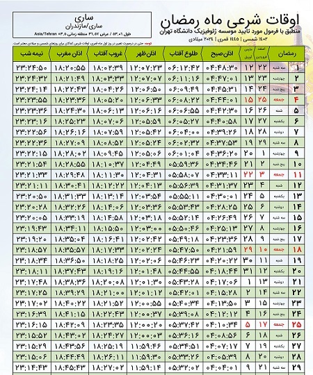 اوقات شرعی ماه رمضان ۱۴۰۲ و ۱۴۰۳ در ساری+ جدول