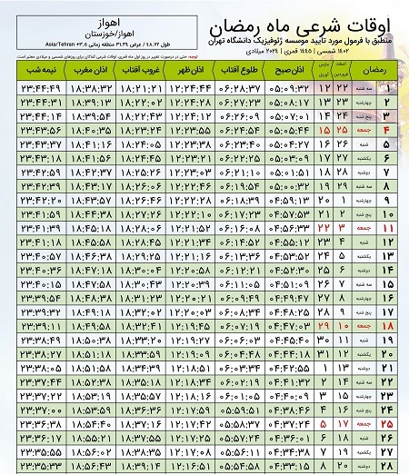 اوقات شرعی ماه رمضان ۱۴۰۲ و ۱۴۰۳ در اهواز + جدول
