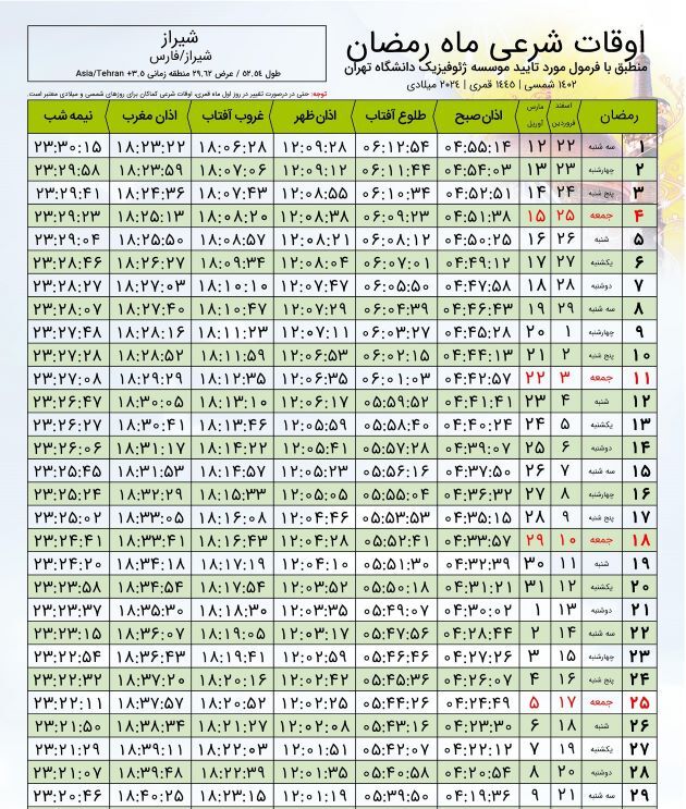 اوقات شرعی (اذان صبح، اذان ظهر و اذان مغرب) رمضان ۱۴۰۲ و ۱۴۰۳ در شیراز + جدول